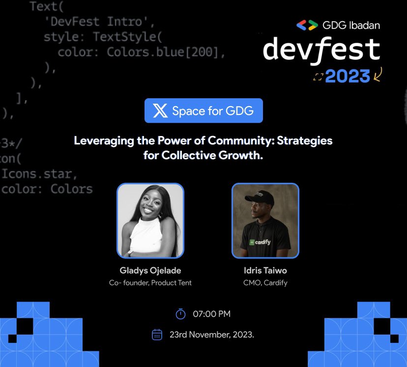 gdgibadan's tweet photo. Exciting news on the horizon!🚀

Join our upcoming X space this Friday  as we delve into an insightful conversation with @gladys_ojelade and @HiChief_  as they share their expertise, insight and experiences, on how tech communities can foster collective growth.

#devfestibadan23 https://t.co/NHzZTCLO98
