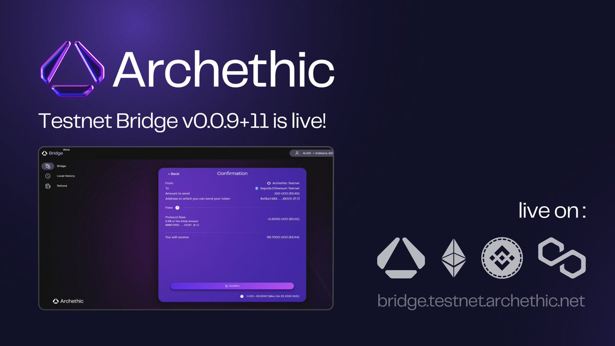archethic's tweet photo. Testnet Bridge v0.0.9+11 is live!

Thanks to community feedbacks, we have rolled out a new version of the Archethic Bridge.

✅ UI and gas optimisation
✅ EVM wallet compatibility : add Coinbase / Okx wallet / Binance Wallet

And more: https://t.co/dU828eN45q https://t.co/S59qI0Ytp7