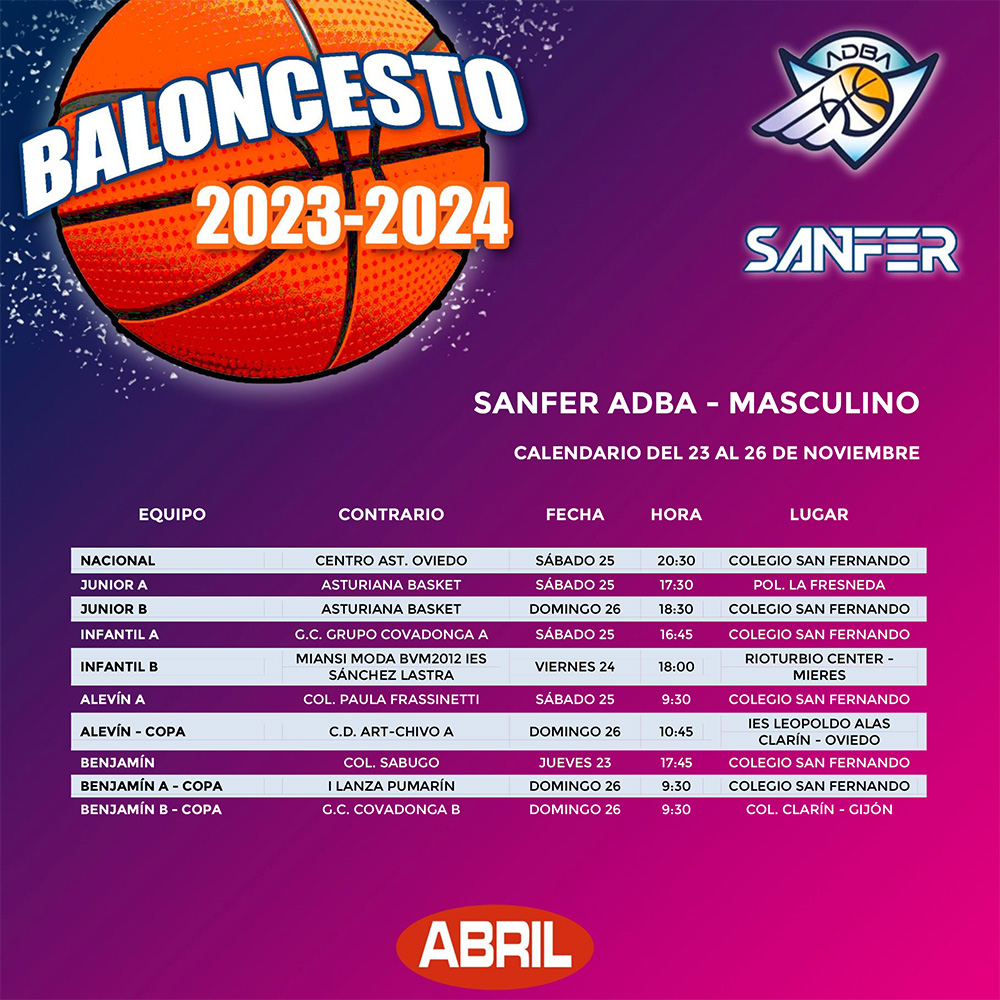 🏀 CALENDARIO DEPORTIVO - BALONCESTO
📅 DEL 23 AL 26 DE NOVIEMBRE

¡Vamos #Sanfer! 💪

#baloncesto #deportes #laolarosa #AceitesAbril
@ADBA87
