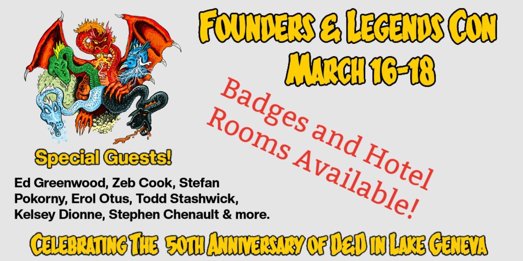 Celebrate the 50th anniversary in the birthplace of D&D! Over 20 Special Guests and more being confirmed now. #dnd #ttrpg #gygax #ttrpg #osr Badges: tabletop.events/conventions/fo… Hotel: res.grandgeneva.com/ibe/details.as…