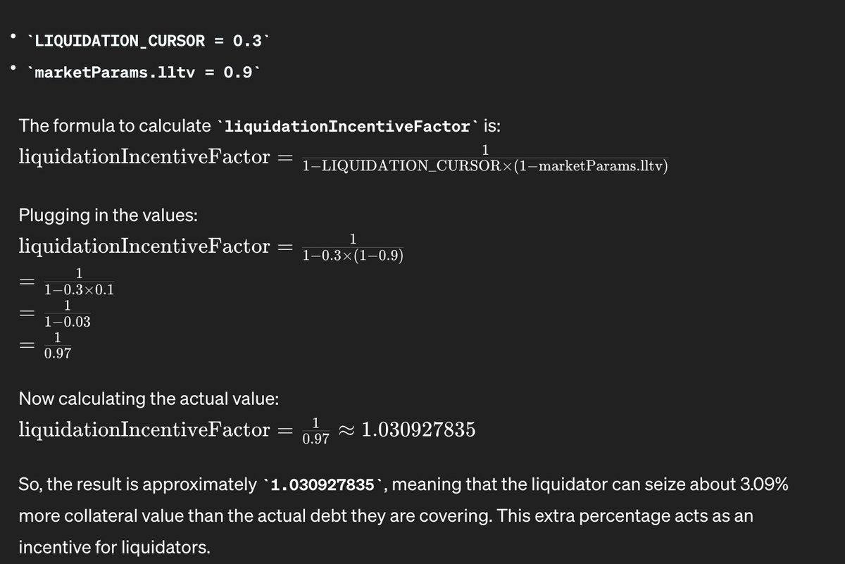 MorphoBlue, a lending protocol, actively encourages liquidators to address underwater borrower positions, guided by the market's lltv. 🌊💼

In the liquidate function, the liquidation incentive is smartly calculated from the market's lltv. The key here: higher risk equals higher