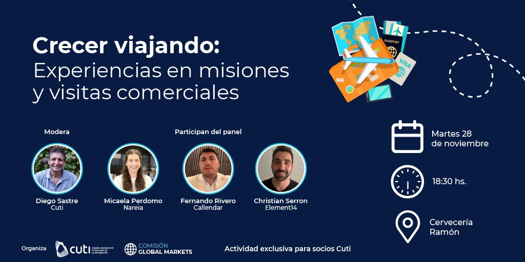 ¡Crecer Viajando! 🤝✈ 

Te invitamos a este encuentro en el que #SociosCuti comparten sus experiencias participando en Misiones y Visitas Comerciales, y hablarán sobre acciones claves para capitalizar su participación. 

📅28/11
🕒18:30h
Registro ➡ bit.ly/3uA5byv