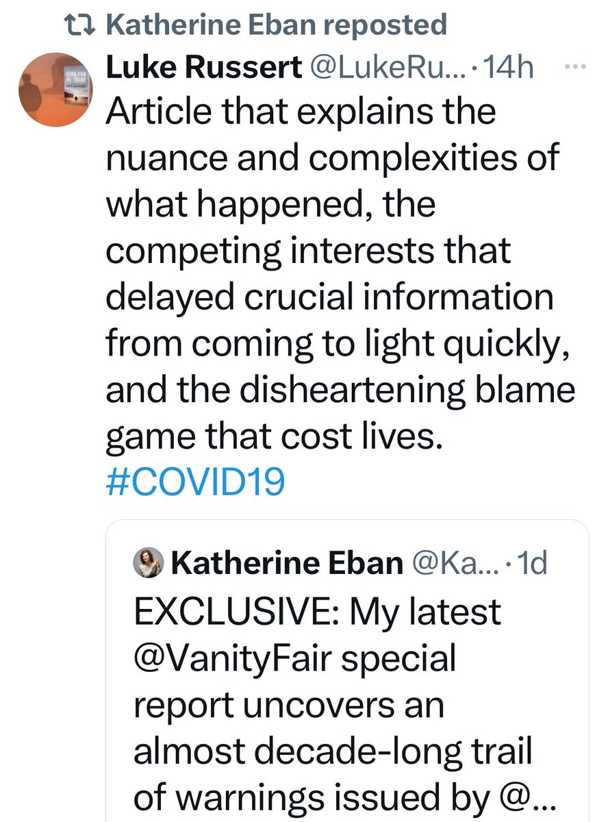 Hey, @KatherineEban, since you retweeted this synopsis of your article, can you explain how the “disclosures” you outlined “cost lives?” Seems to me that you’ve tipped your hand that your article is another love letter to the lab leakers who blame scientists for Covid.