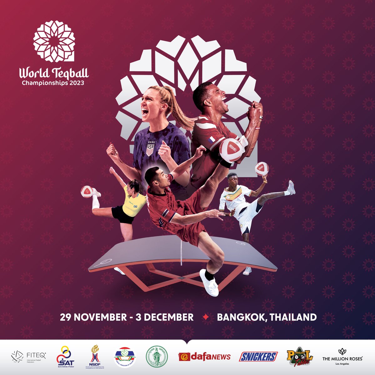 Teqball's tweet photo. The World Teqball Championships in Bangkok is just around the corner. 🇹🇭
•
⭐️ Meet and greet with @10Ronaldinho 
🏟️ Bangkok Arena, Thailand
🗓️ 2 December I Singles Finals
🗓️ 3 December I Doubles Finals
🎟️ Free Entry
•
#Teqball #Thailand #Bangkok #TeqballWCH #SeeYouInBangkok https://t.co/vkQqsQpTiz