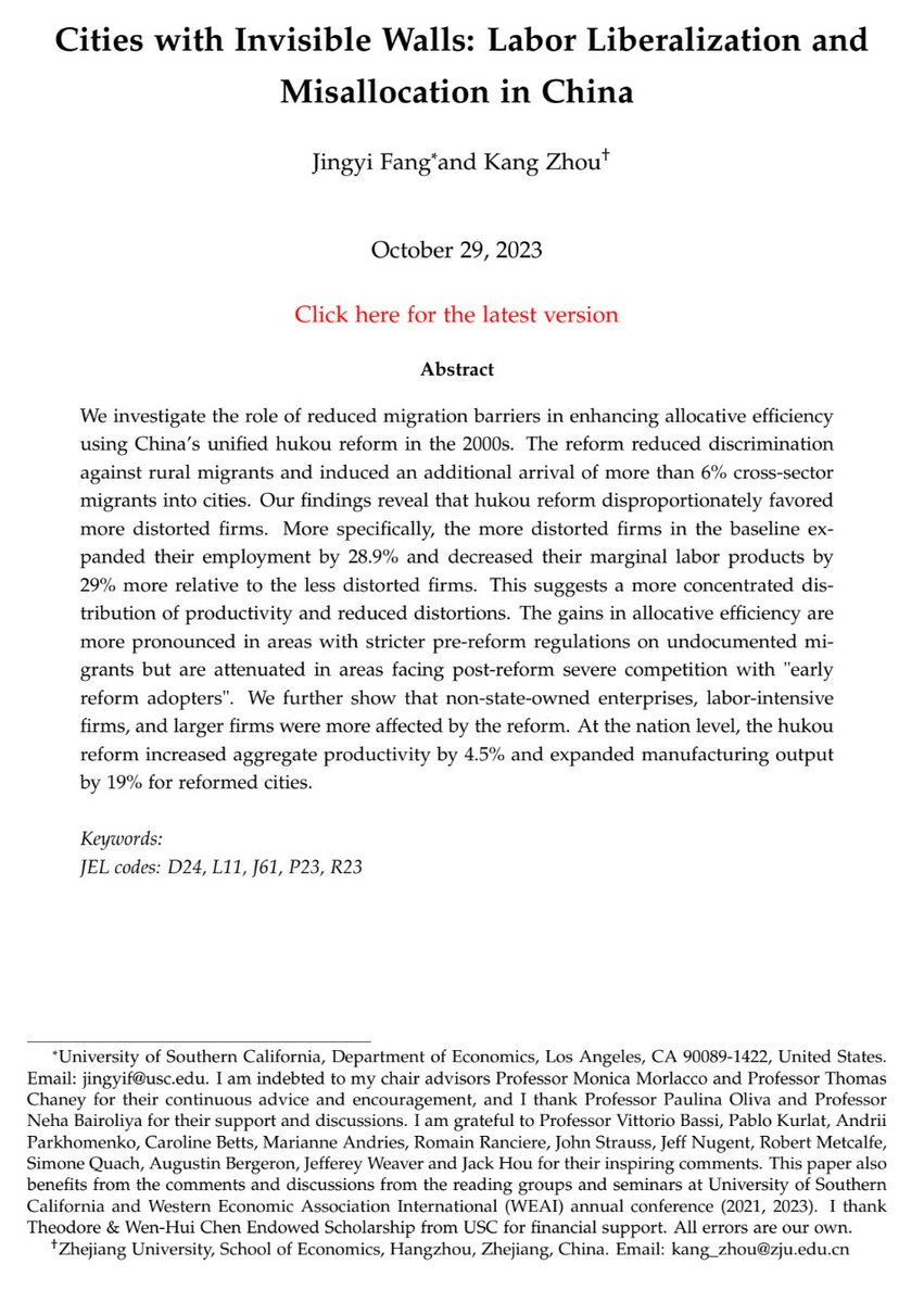 USC Economics (@usc_econ) on Twitter photo Next up: Jingyi Fan (<a href="/JingyiFang5/">Jingyi Fang</a>)
Her JMP studies how a migration relaxation policy can have distributive impacts across firms and lead to a decline in labor misallocation.
dropbox.com/scl/fi/hmbpn2a… Next up: Jingyi Fan (<a href="/JingyiFang5/">Jingyi Fang</a>)
Her JMP studies how a migration relaxation policy can have distributive impacts across firms and lead to a decline in labor misallocation.
dropbox.com/scl/fi/hmbpn2a…