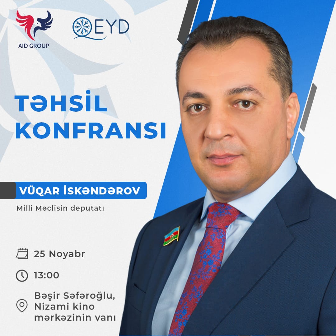 "Qeyd - Sosial Maarifləndirmə" İctimai Birliyinin  və "AID GROUP "un birgə təşkilatçılığı ilə Təhsil layihəsi çərçivəsində konfrans keçiriləcək

🔹25 noyabr tarixində saat 13:00-da  Milli Məclisin deputatı Vüqar İskəndərov  ilə görüş keçiriləcək.

<a href="/qeyd/">Jobeth Qeyd</a>.az 

#qeyd2023