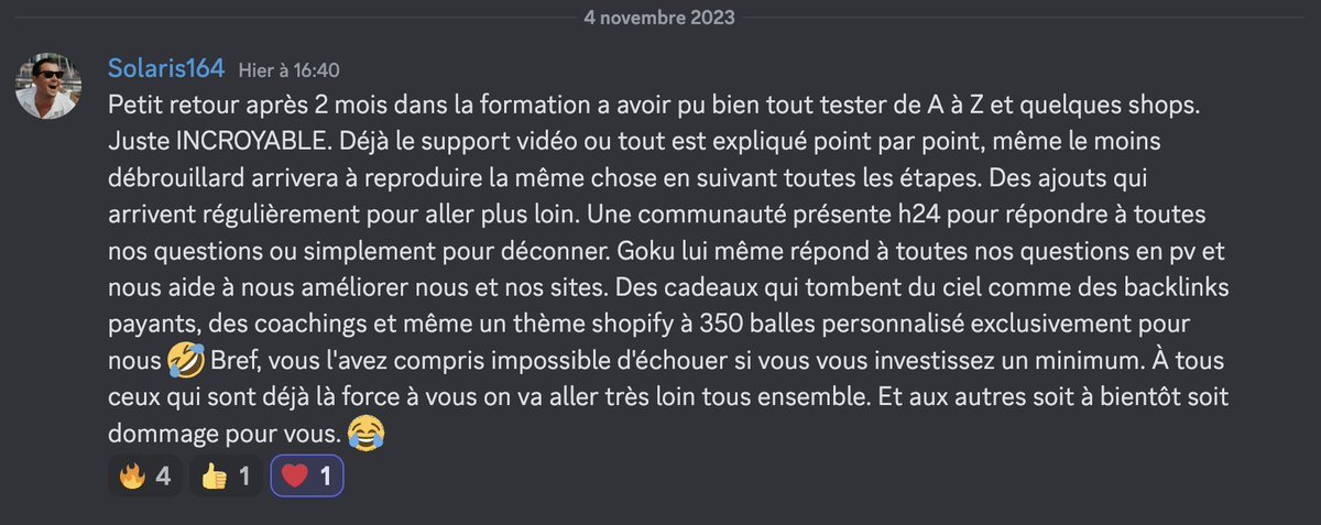Je pense que je peux affirmer aujourd'hui avoir fait la meilleure formation Dropshipping SEO

👉 Des avis POSITIFS tous les jours
👉 Des résultats quotidiens de mes élèves
👉 Une communauté en or et super active
👉 Une méthode qui démontre des résultats