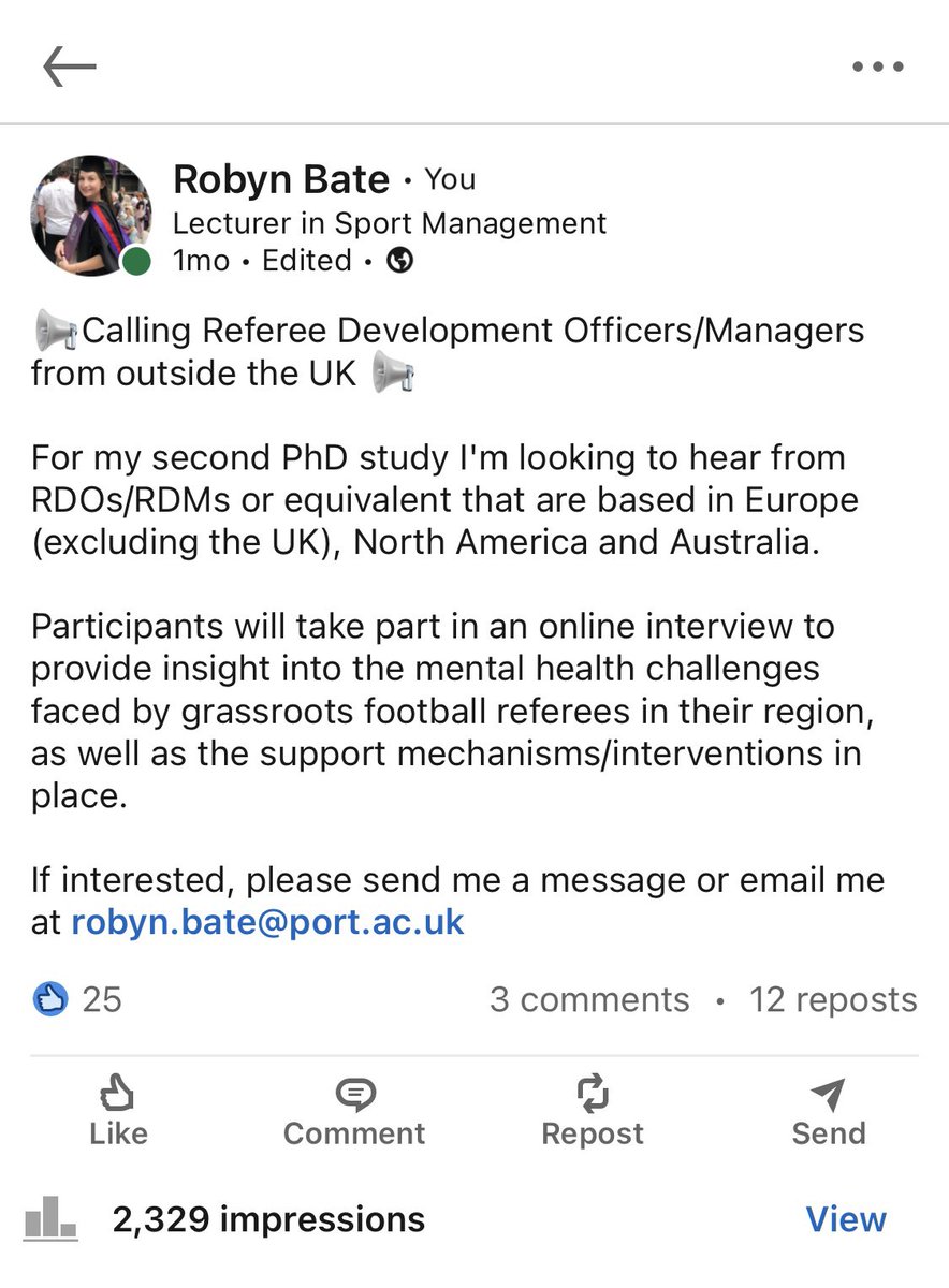 Still seeking participants for my research study. If you, or someone you know can help, please do get in contact!

#referee #refereeing #football #soccer #mentalhealth #research #wellbeing #refereemanager #refereemanagement #globalstudy