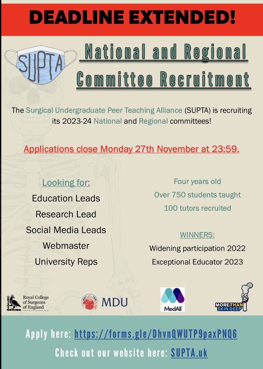 SUPTA UK are recruiting our third national and regional committee this year. Please use the link below to apply, learn about our company and read the role descriptions. Applications close at 23:59 27/11/23

forms.gle/DhvnQWUTP9paxP…