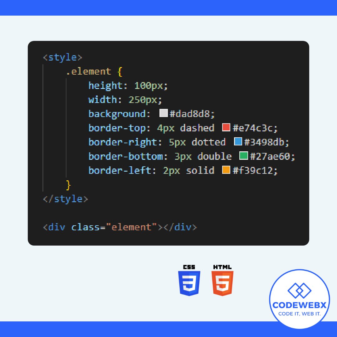 codewebxsl's tweet image. ๐How do I use different border styles on separate sides?๐
The shorthand notation can also be extended to apply different styles, widths, and colors to specific sides of an element.
#css #cssborder #Webdesign #webdevelopment