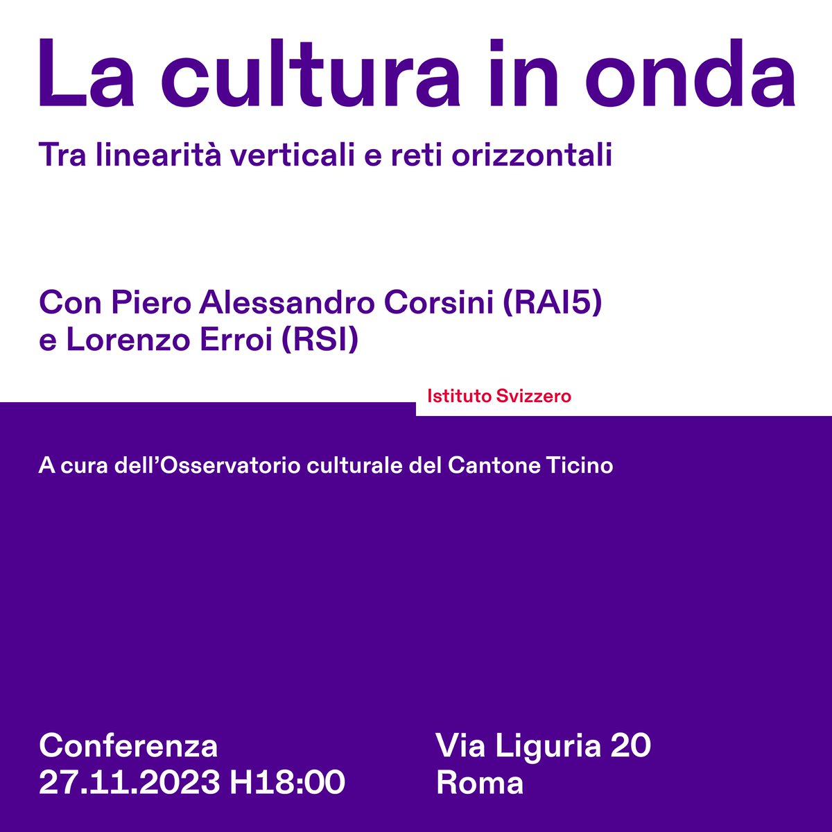 Ist_Svizzero's tweet image. L’#IstitutoSvizzero ospita un incontro dedicato alle relazioni tra il #settore #culturale e quello dei #media, in costante evoluzione.

Maggiori informazioni qui: istitutosvizzero.it/conferenza/la-…