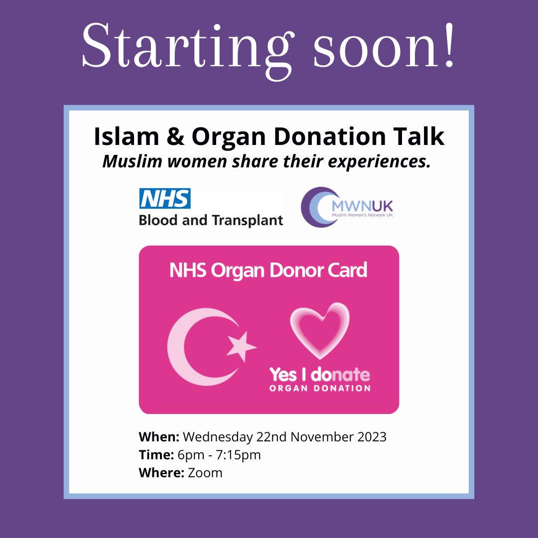 MuslimWomenUK's tweet photo. 📢 We are looking forward to seeing you all soon for our Online Talk on 'Islam and Organ Donation - Muslim Women Share Their Experiences'!  

#OrganDonationandIslam #Muslim #Islam #MuslimWomen #OrganDonation #Webinar #MWNUK https://t.co/H8CAozW6RP