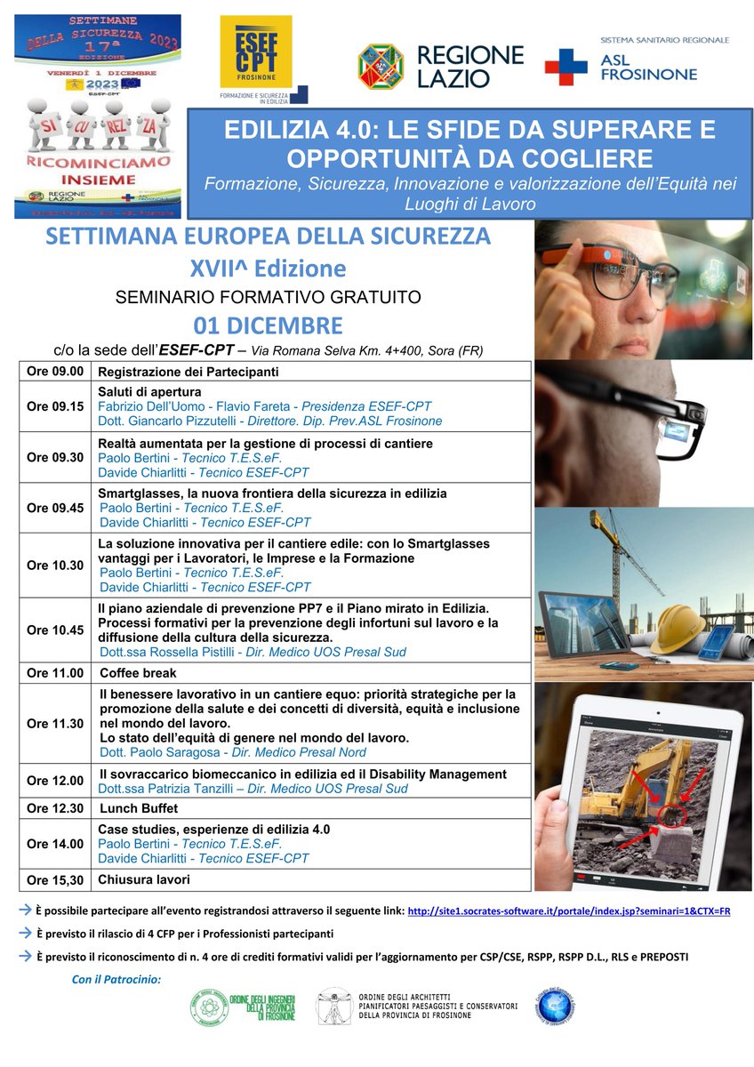 EsefCpt's tweet photo. Edilizia 4.0: Le Sfide da superare e opportunità da cogliere 🖥️ 🏗️
Seminario Tecnico Gratuito organizzato dall'ESEF-CPT e dalla ASL di Frosinone.
#Savethedate 📆 01 dicembre 2023  🕘ore 09:00
c/o Sala Convegni ESEF-CPT di Sora (FR).
👉 Per partecipare: https://t.co/l9yn57CaMU https://t.co/U14PIIZTLR