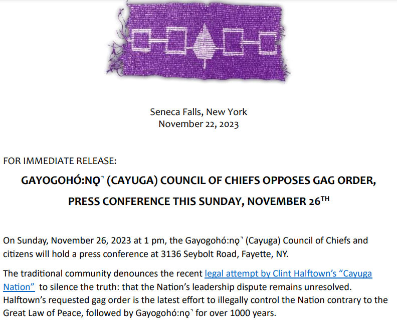 gayogohono's tweet photo. Press conference Sunday Nov 26 @ 1 pm!
For 19 years, a leadership dispute has heavily impacted Indigenous families who have returned to Cayuga Nation Territory and experienced harassment, injury, and terrorism.
#gayogohono #cayuga #haudenosaunee #LandBack https://t.co/QQWuO6Dq8S