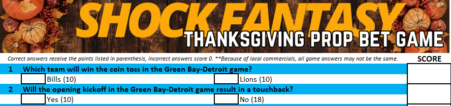 ShockFantasy's tweet photo. The Thanksgiving Prop Bet Game is LIVE! It's FREE to all SF subscribers as an article.

It's $8 if you're not a member, purchase by clicking here: https://t.co/tQwZzMXduj

Or if you want to become a SF season pass, use promo code BLACKFRIDAY23 for half-off a year's membership. https://t.co/0F0EUKXIi1