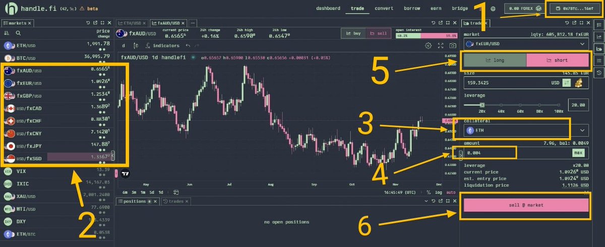 [3/7]
B. Intergalactic Discourse

• Follow <a href="/handle_fi/">handle.fi (42,🦍) 🟨🦇🔊</a> on X
• Open a Long or Short Leveraged FX Trade position
> Go to https//app.handle.fi/trade
1. Connect wallet
2. Select any of these trading pair
3. Select any currency in the 'collateral' section
4. Enter amount (min. $7.5)