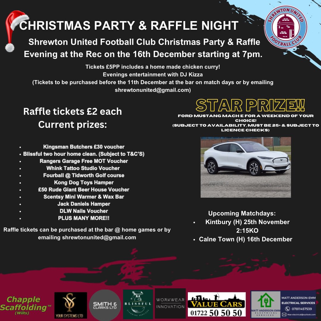ShrewtonUnited's tweet image. Christmas Party &amp;amp; Raffle night🎄

16th December @ The Rec. 7pm start. 
Raffle tickets &amp;amp; evening tickets can be purchased from the bar on match days or by emailing shrewtonunited@gmail.com

Please come along &amp;amp; purchase some raffle tickets, we have some outstanding prizes up for…