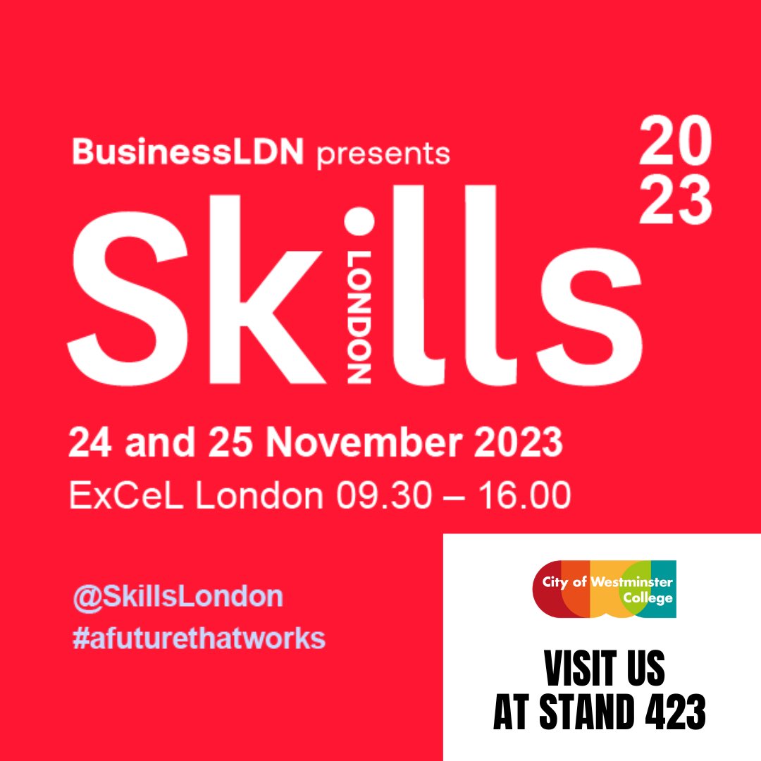 We're exhibiting at Skills London 2023! 

Visit us at stand 423 (in the Education & Training Zone) to learn about the courses and opportunities we offer at City of Westminster College.

We’ll be there on Friday 24th and Saturday 25th November!

#AFutureThatWorks #SkillsLondon