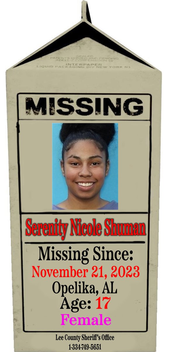 P_MilkCarton's tweet image. 🚨🚨🚨 MISSING CHILD 🚨🚨🚨

Serenity Nicole Shuman
Age: 17
Height: 5'5
Weight: 150 lbs.
Eye: Brown
Hair: Black

Missing Since: 11/21/23
#Opelika, #Alabama 

#ProjectMilkCarton 
#MissingChildren 
#BringThemHome