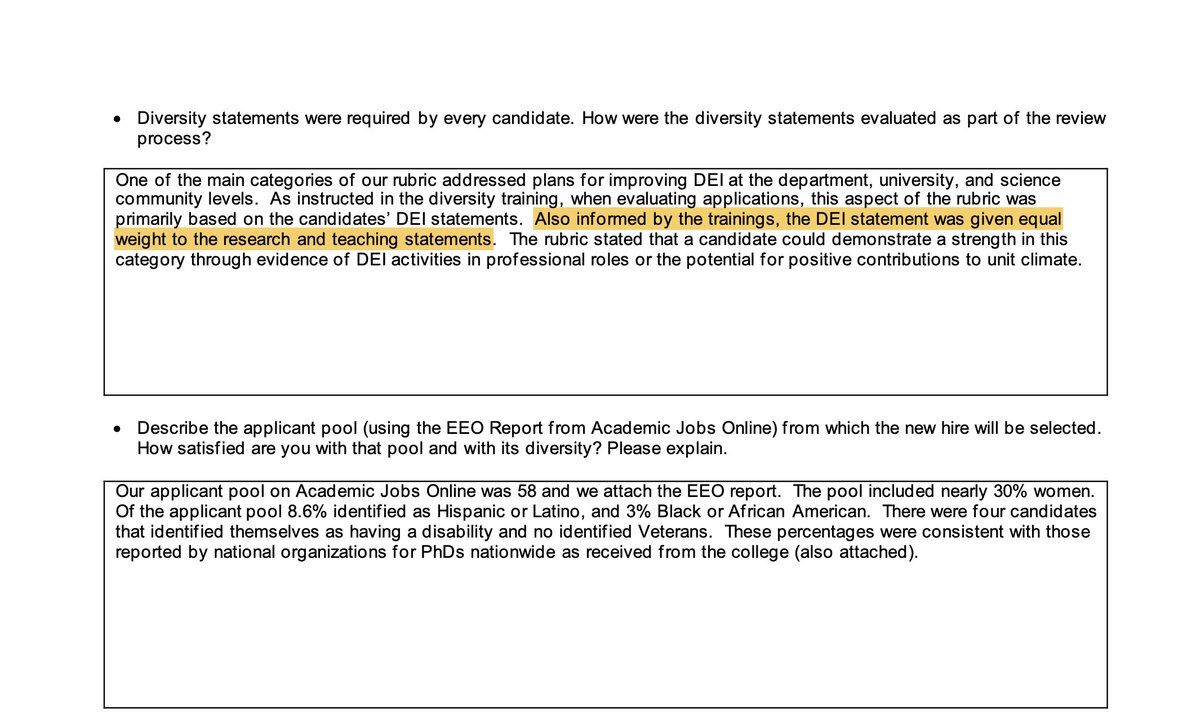 JohnDSailer's tweet photo. At OSU, many faculty searches made DEI an explicit criterion in their evaluations—often on par with teaching and research.

In a search in astrophysics, “the DEI statement was given equal weight to the research and teaching statements.”

Similar for biological anthropology.