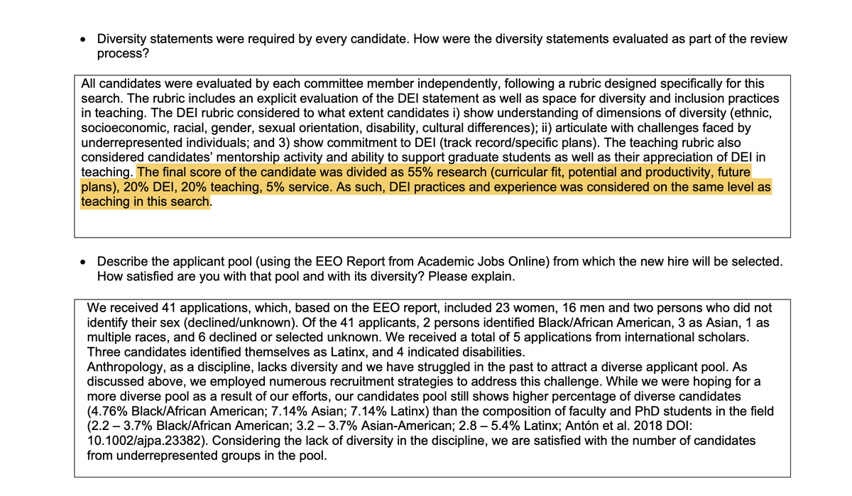 JohnDSailer's tweet photo. At OSU, many faculty searches made DEI an explicit criterion in their evaluations—often on par with teaching and research.

In a search in astrophysics, “the DEI statement was given equal weight to the research and teaching statements.”

Similar for biological anthropology.