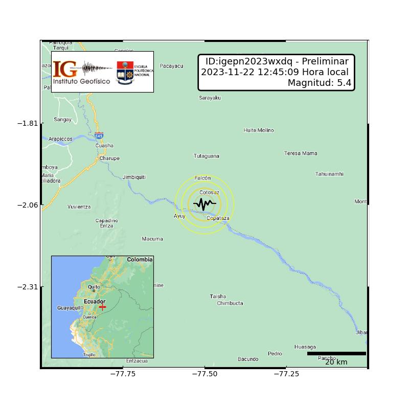 #SISMO ID:igepn2023wxdq Preliminar 2023-11-22 12:45:09 TL Magnitud: 5.3 Profundidad: 5 km, a 74.93 km de Macas, Morona Santiago, Latitud: -1.99 Longitud:-77.52 Ecuador. Sintió este sismo?