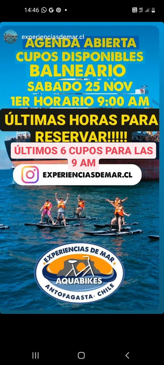 jorgitoice's tweet photo. @Antofagasta Los chicos de Experiencias de Mar anuncian los últimos cupos para la salida de las 9 AM  de éste sábado 25 desde el balneario!!! Reserven sus cupos para que disfruten de la experiencia de ver los barcos estacionados! Más informacion al instagram!!!! https://t.co/p8GIyVU6pO