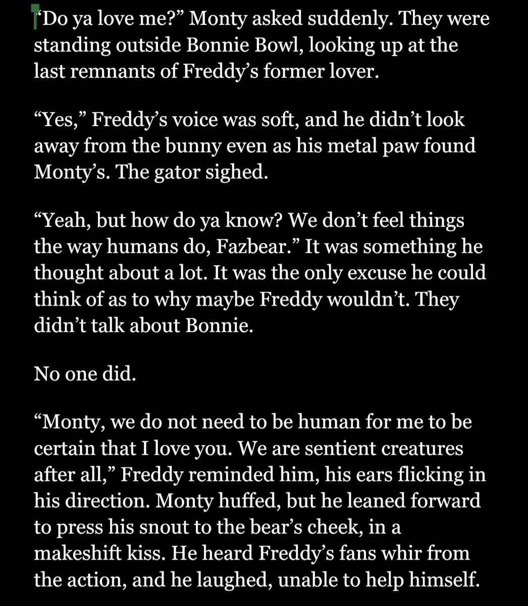 queenvengance's tweet image. Queenie, the fronnie stan, posting a Monteddy drabble that’s been sitting in drafts for a year??? 

Who am I??? (I wrote this to spite someone)

They’re just sentient animatronics btw🐊🐻

#montygator #glamrockfreddy #drabble #fnaf  #fnafsecuritybreach