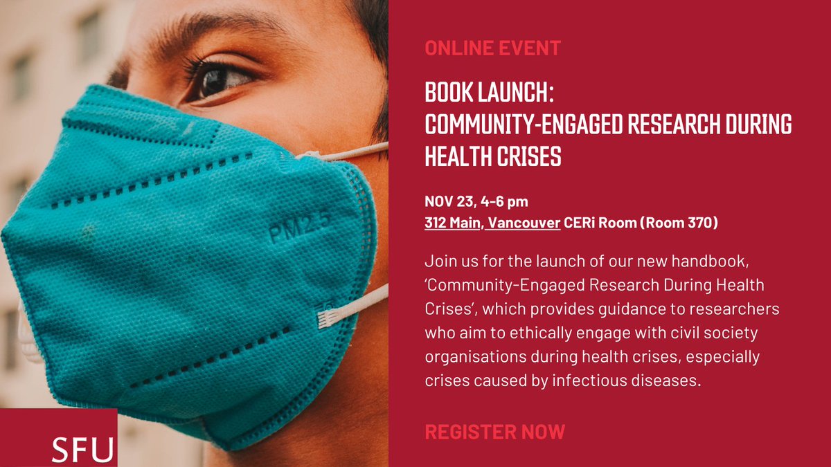 There's still time to register for the launch of the Community Engaged Research During Health Crisis Handbook tomorrow. All attendees get a free book! 📚 @SFU @RADIUS_SFU @SFUhealth_promo @ubcspph @CHSPR @Gender_COVID19 @CIHRIGH Register here - sfu.ca/ceri/events/he…