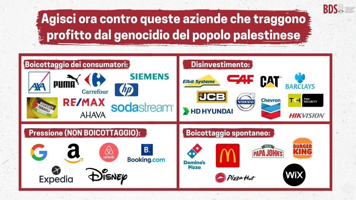bdsitalia's tweet image. Il movimento BDS chiede ai consumatori un boicottaggio completo di questi marchi accuratamente selezionati a causa della comprovata storia di complicità dell'azienda nell'apartheid israeliano.

@Siemens, @PUMA, @CarrefourGroup, @AXA, @HP, @SodaStream, @Ahava_Official, @remax