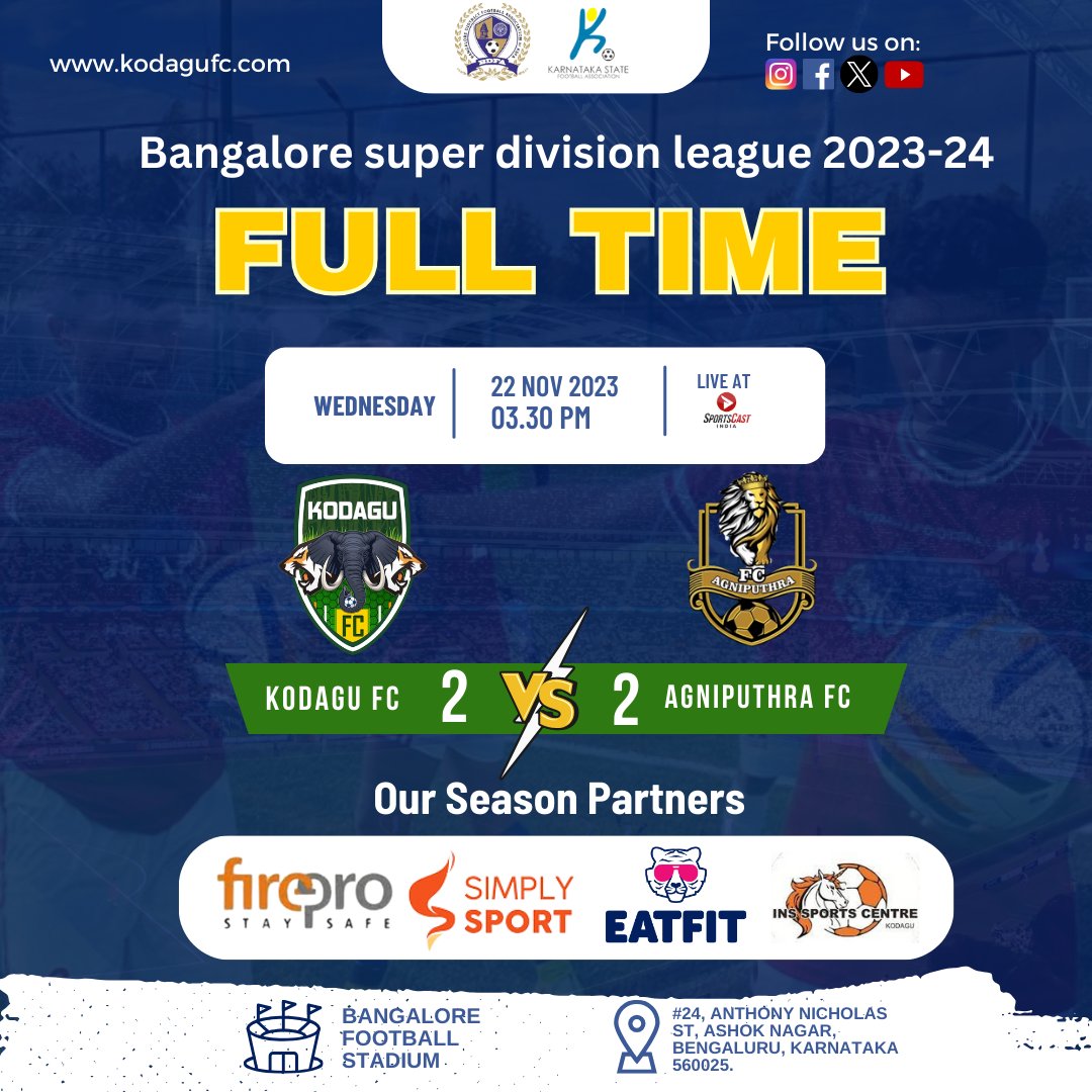 It’s a tie! Kodagu FC and Angiputhra FC both put up a great fight in the Bangalore Super Division League 2023-24. ⚽🏆 
.
.
#kodagufc #angiputhrafc #bangaloresuperdivisionleague