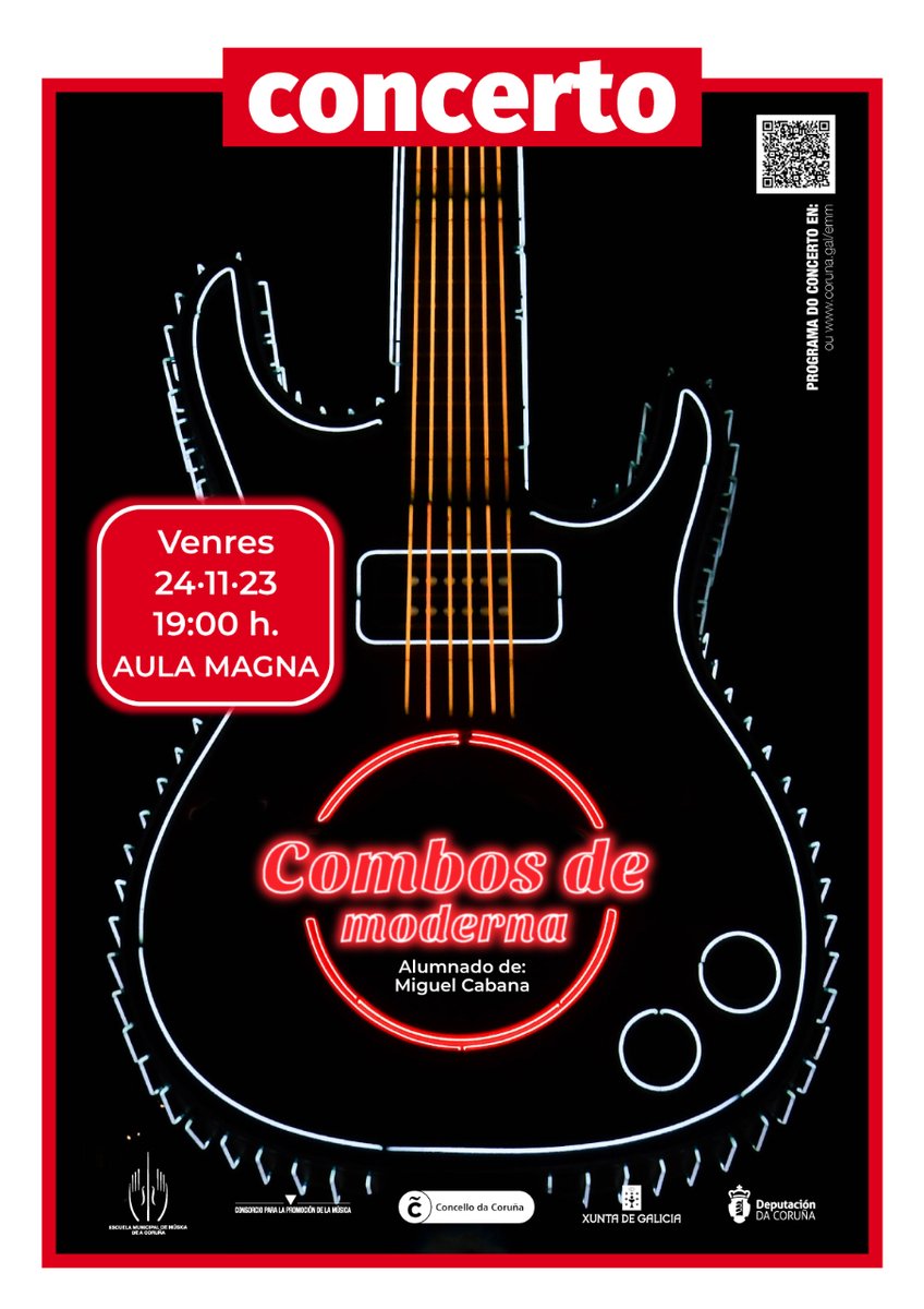 EMM_Coruna's tweet photo. O venres 24 de novembro o alumnado de Combo de Moderna do profesor Miguel Cabana, darán un concerto na Aula Magna a partir das 19:00 horas.
Na nosa  web https://t.co/zg9oJoioRZ deixámosvos o programa, para que volo poidades descargar antes do concerto.
#emmc #coruña #concierto https://t.co/aMqiogKRsj