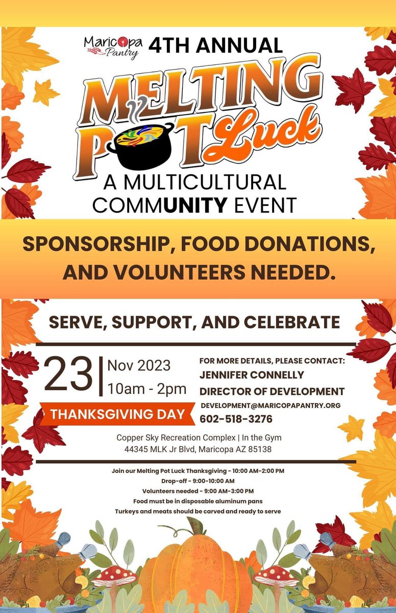 Join us for a #commUNITY celebration on Nov 23, 2023, 10am-2pm at Copper Sky gym. Share your heritage with a dish in a 9”x13” foil pan. All are welcome! Volunteer for set-up, serving, or clean-up from 9-3pm. Contact Development@MaricopaPantry.org for questions. #UnityCelebration