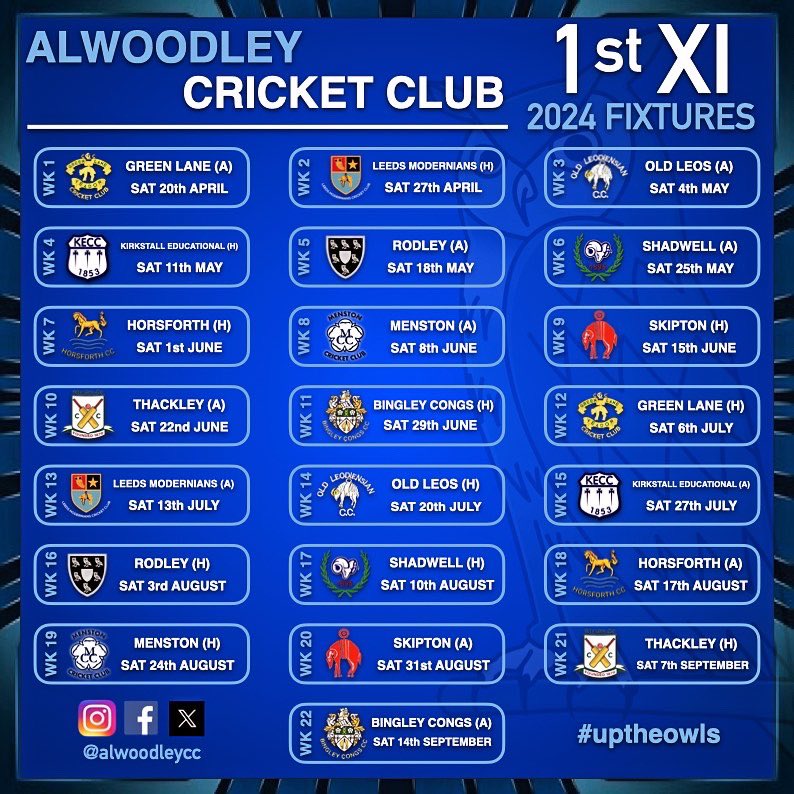 AlwoodleyCC's tweet photo. Our 2024 @AWSCL 1st XI & 2nd XI fixtures have been released!
Both teams kick off the season on Saturday 20th April against @GreenLaneCC. Just 150 days away! ποΈπ
Any matches catching your attention!? ππ¦
#awscl #fixtures #2024 #alwoodleycc #150days #uptheowls https://t.co/oO7uvJdbT2