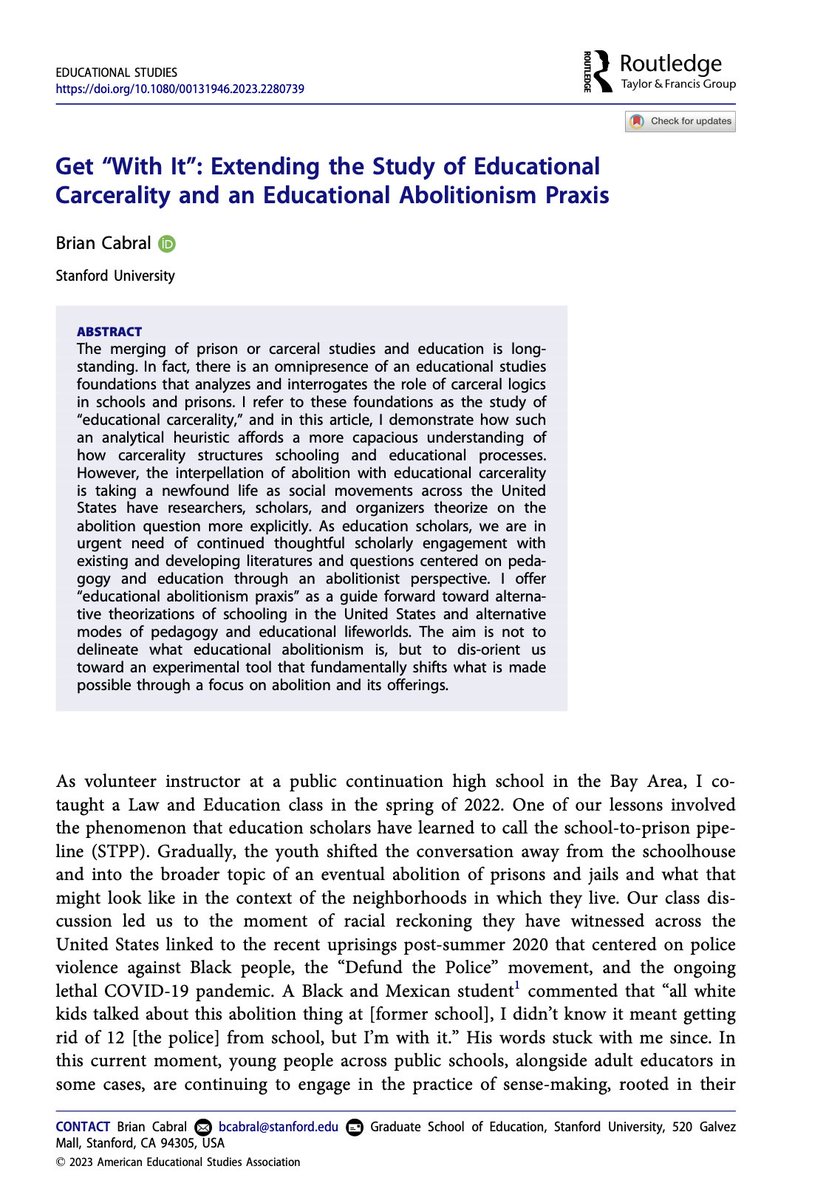 Been studying the scholarly uptake of carcerality in education research for ~a decade. This piece just dropped &amp; it’s an offering to folks who’ve sustained or plan to sustain their work in this realm, and are now orienting their queries towards abolition.