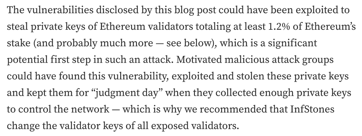 hanni_abu's tweet photo. Research by @dWalletLabs reported @LidoFinance node operator "InfStones" had their validator keys exposed

https://t.co/d1vvsX5H3S

This left ~320,000 ETH vulnerable. If the keys were used to get the validator slashed, that loss would have been socialized across all stETH holders https://t.co/kGRFKayryS