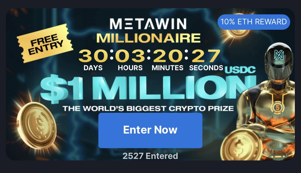 🎉 HUGE NEWS 🎉

It is officially 1 MONTH until somebody is going to win $1,000,000 in INSTANT liquidity!

Enter: metawin.com

The odds are currently very high, to help change that we are GIVING AWAY $300 in $ETH to 1 person who Likes, RTs &amp; Tags 2 friends!