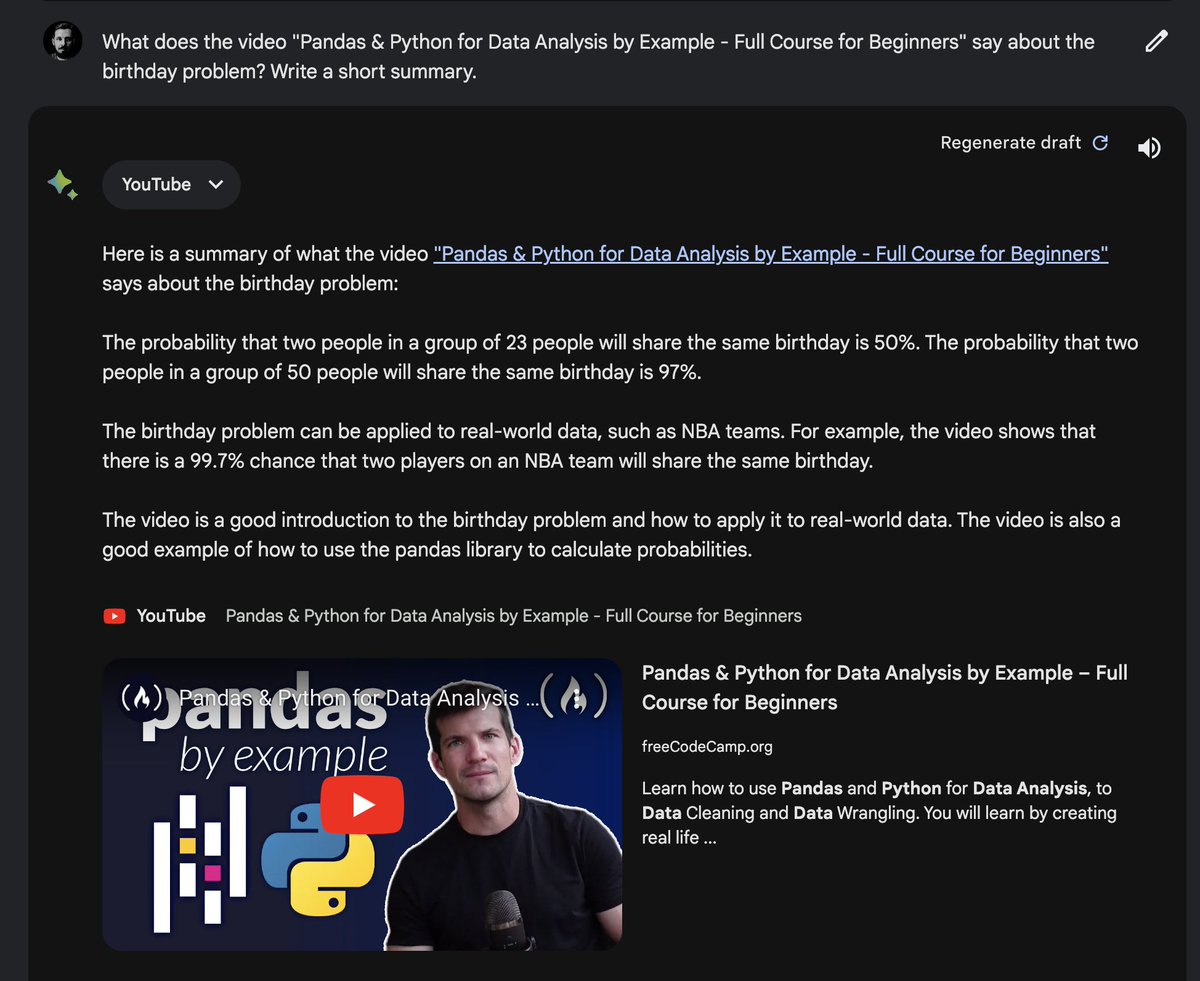 This is the end of online education as we know it.

Starting yesterday, Bard can answer any questions about YouTube videos. 

Look at the attached screenshot. I'm asking to summarize a specific conversation in a 5-hour video. It took around 5 seconds for Bard to answer.

What!?