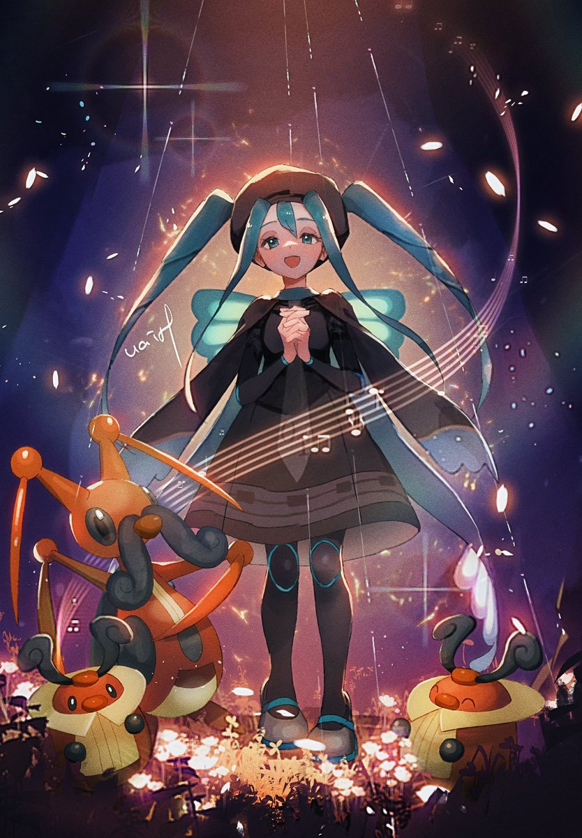 hatsune miku 1girl own hands together pokemon (creature) twintails long hair dress musical note  illustration images