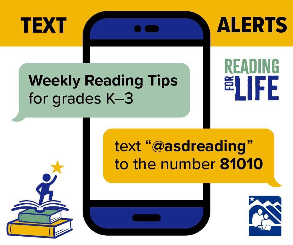 Need some tips on how to help your young reader? 

Sign up to receive tips via text. 

Each week, we’ll send one text message with an activity idea or tip you can practice at home with your K-3 child to help support their reading.
