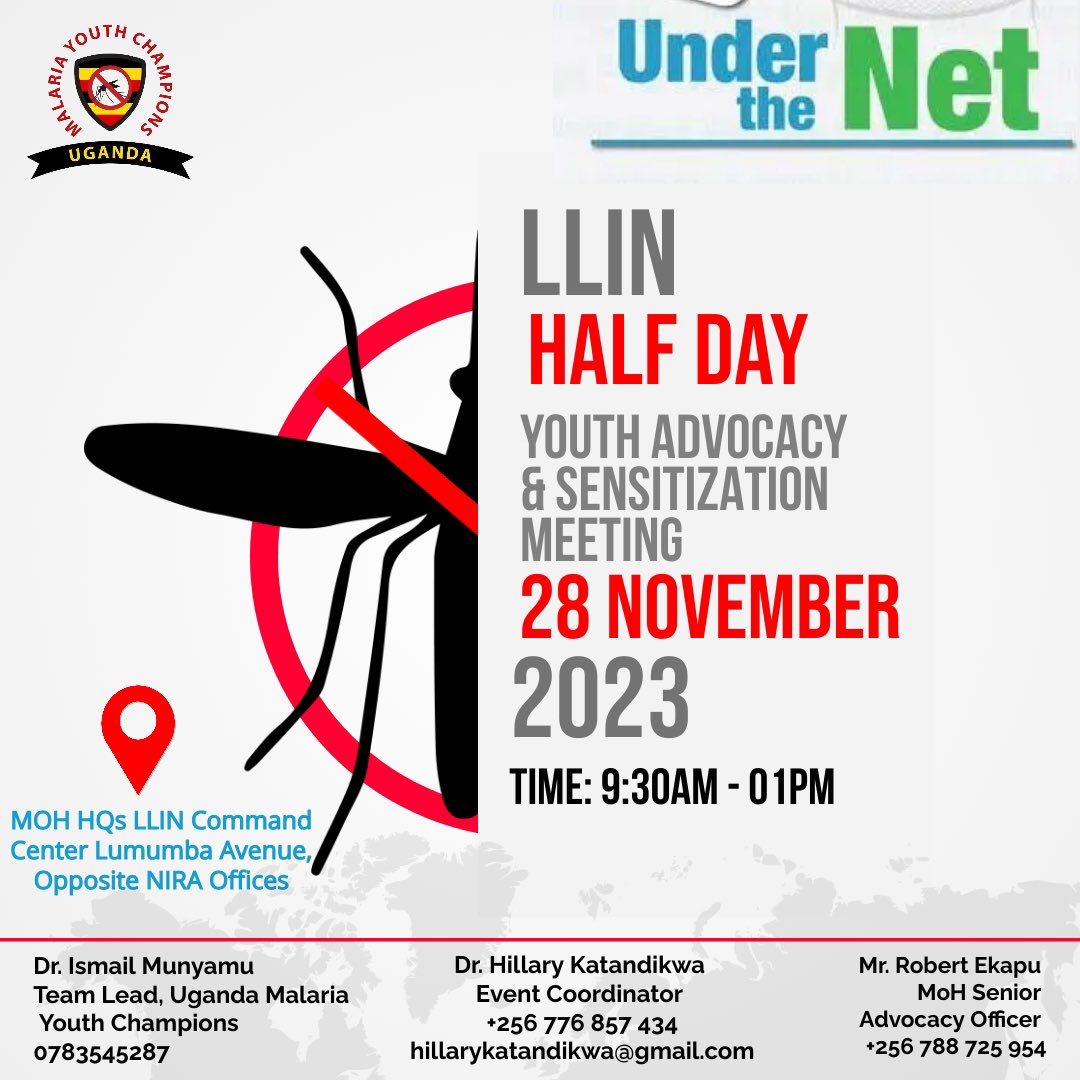 1/3🌟Youth Advocacy Meeting Alert🌟 🚀 Exciting news! Join us at our Half Day Youth Advocacy Meeting with the @MinofHealthUG LLIN Department. @UnderTheNet20UG 🗓️ Date & Time: Tuesday, Nov 28, 2023 | 9:30 am - 1:00 pm 📍 Location: LLIN Command Center, Kampala