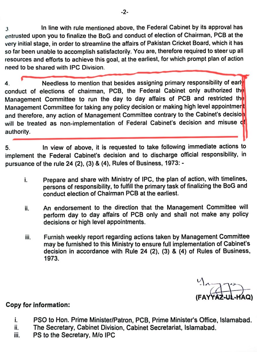 انتہائی فوری
بذریعہ خصوصی میسنجر
حکومت پاکستان
بین الصوبائی رابطہ کی وزارت
*****
F. 1-18/2018-1PC (S-11)
اسلام آباد، مورخہ 15 نومبر 2023

منجانب: فیاض الحق۔
جوائنٹ سکریٹری (اسپورٹس)۔

بجانب: چیئرمین،
انتظامی کمیٹی،پاکستان کرکٹ بورڈ (پی سی بی)لاہور

موضوع: پاکستان کرکٹ بورڈ کے