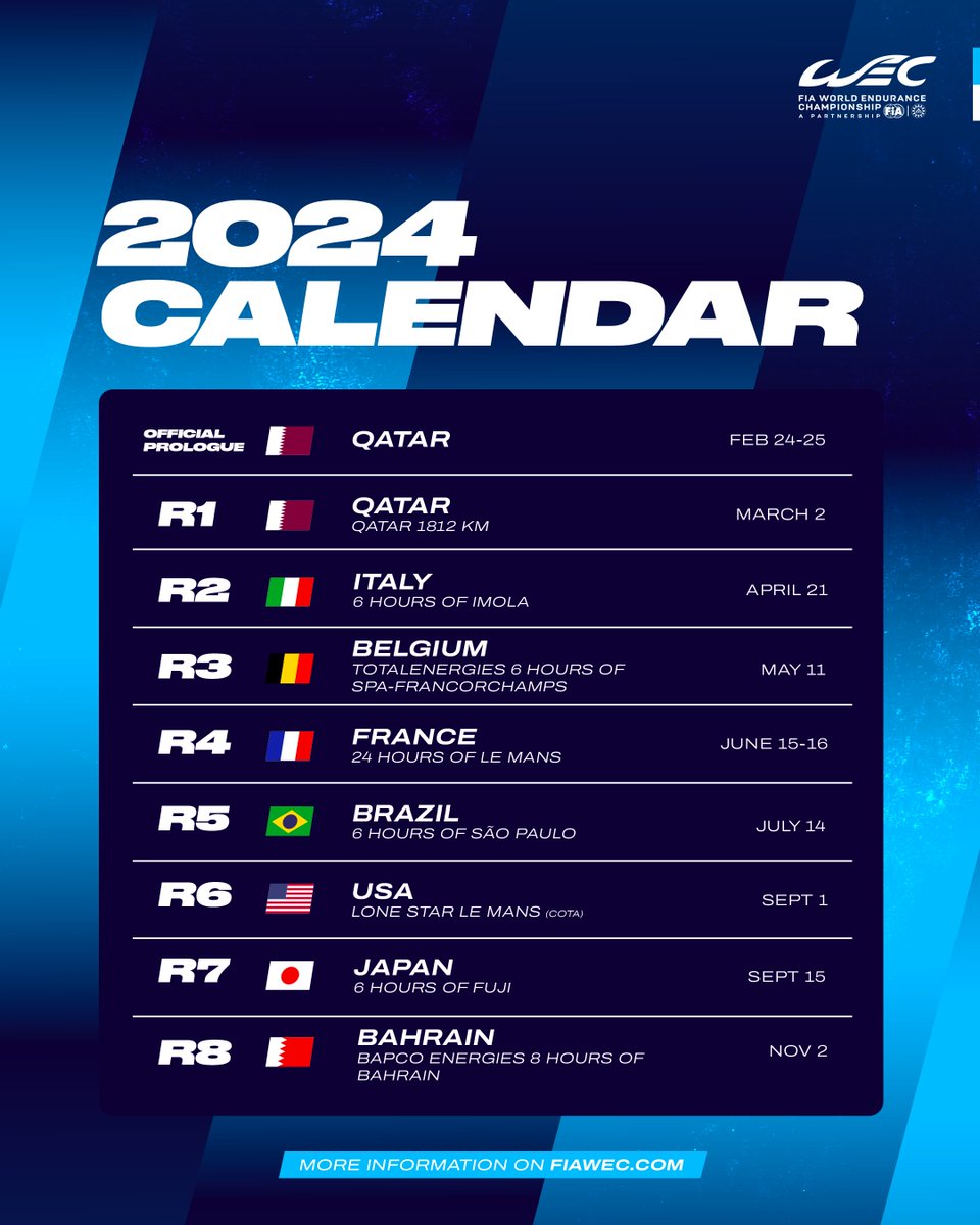 FIAWEC's tweet photo. Looking towards 2024, starting with the new calendar! 📆
 
8 races 🌍
4 classics 🇧🇪🇫🇷🇯🇵🇧🇭
2 new venues 🇶🇦🇮🇹
2 returning venues 🇧🇷🇺🇸

Want to join us? Tickets available 🔗 https://t.co/D6PmI71iz5

#WEC https://t.co/BblGnlTSrD
