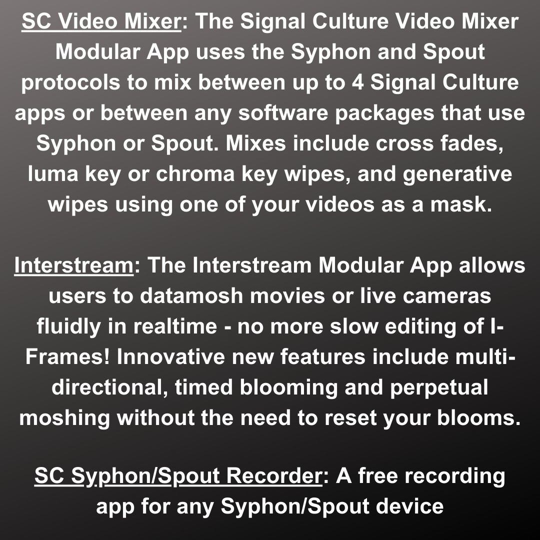 SignalCulture's tweet photo. Signal Culture Modular Apps
Released at the end of 2022 - our apps were completely redesigned and so improved from the legacy apps - much faster and more features!
$15 donation for 1 or $90 donation for bundle. Link in bio. https://t.co/6IIPbFKKmX #videoart #glitchart #vj https://t.co/RSQ0M1DzZ9