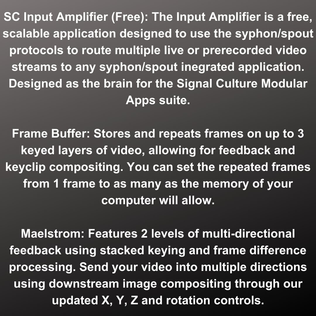 SignalCulture's tweet photo. Signal Culture Modular Apps
Released at the end of 2022 - our apps were completely redesigned and so improved from the legacy apps - much faster and more features!
$15 donation for 1 or $90 donation for bundle. Link in bio. https://t.co/6IIPbFKKmX #videoart #glitchart #vj https://t.co/RSQ0M1DzZ9