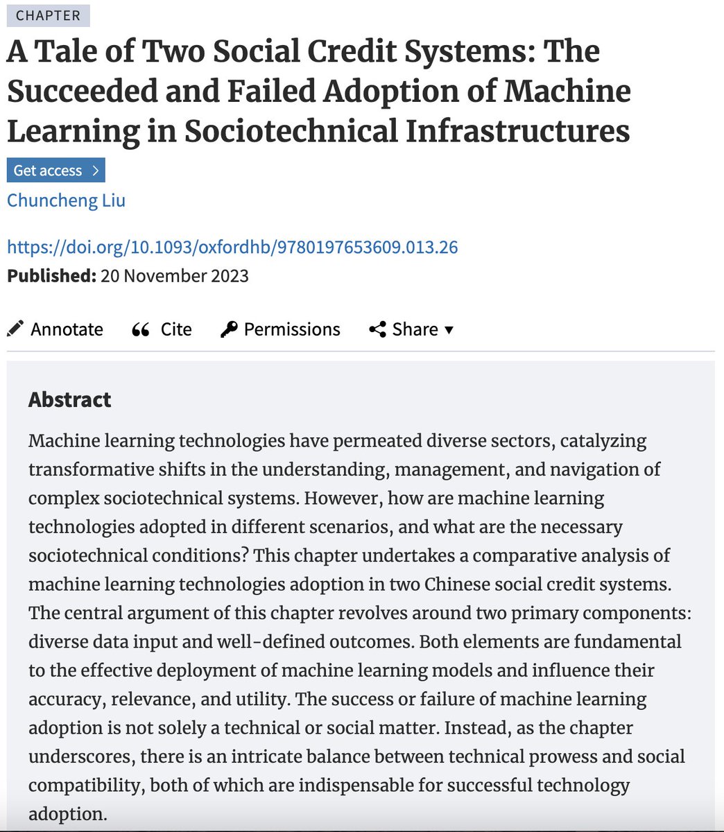 Happy to share a book chapter published in The Oxford Handbook of the Sociology of Machine Learning today, where I discuss the sociotechnical condition of machine learning deployment in Chinese social credit systems. academic.oup.com/edited-volume/…