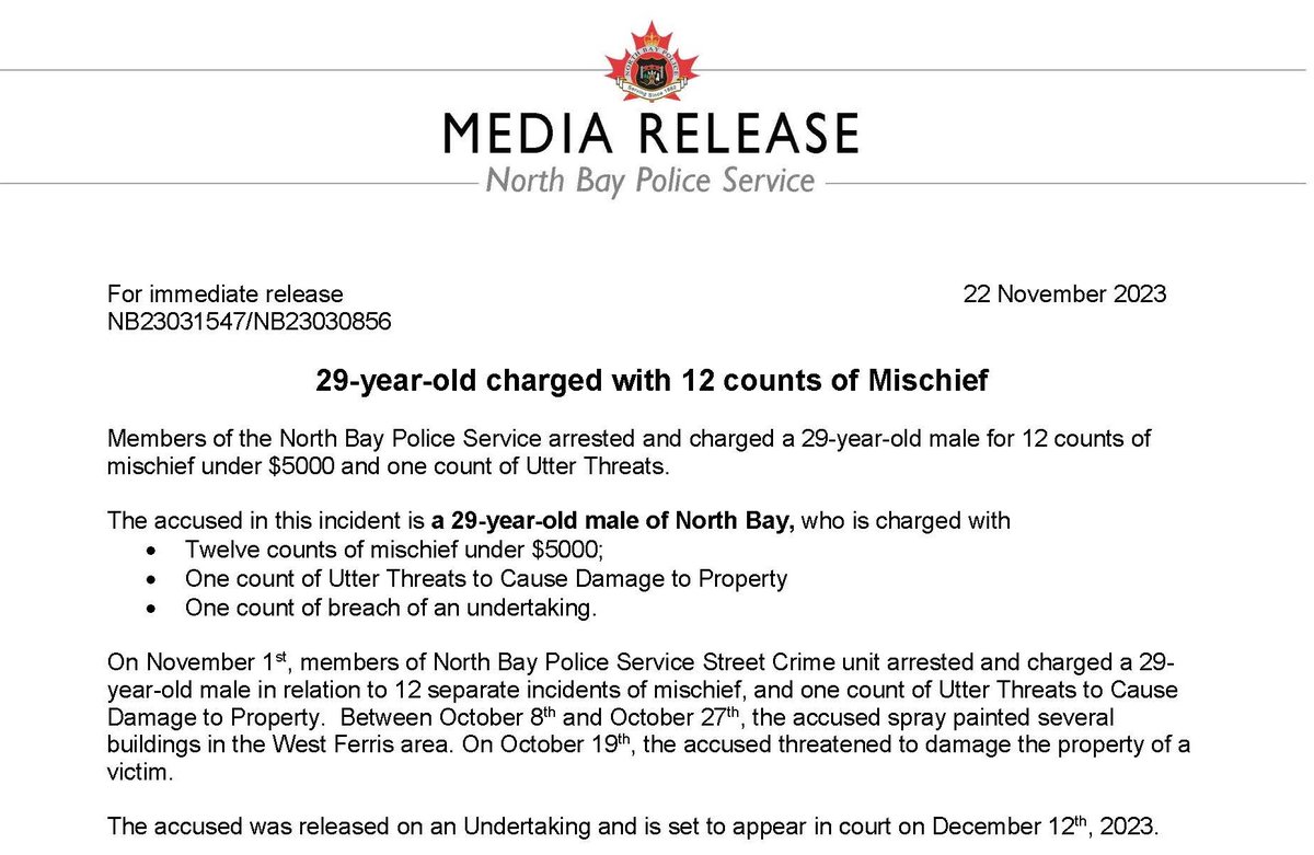 MEDIA RELEASE - Members of the North Bay Police Service arrested and charged a 29-year-old male for 12 counts of mischief under $5000 and one count of Utter Threats LINK northbaypolice.ca/news-releases/…