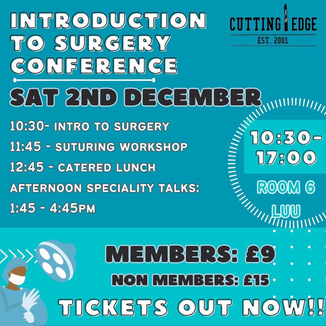 Cutting Edge Leeds are delighted to announce the release of tickets for our annual surgical conference to be held on Sat 2nd Dec 2023! A outstanding opportunity to hear from some of the fantastic surgeons of @LeedsHospitals and network with med students interested in #surgery