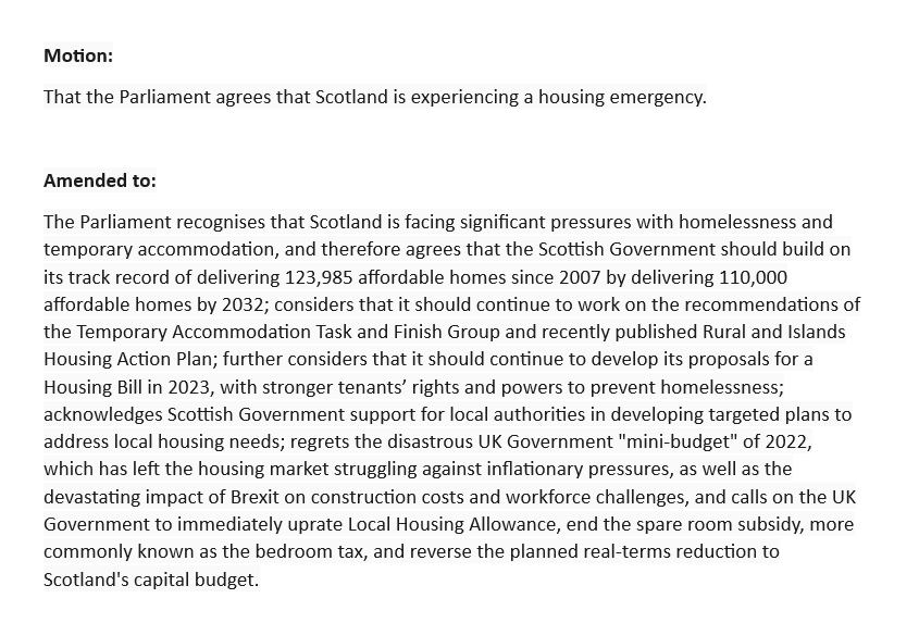 Yes: 65 No: 50 This evening @ScotParl agreed a motion from @MarkGriff1n, amended by @PaulMcLennan7, which stops short of declaring a housing emergency in Scotland. A response from the #EveryoneHome collective will be posted here tomorrow.