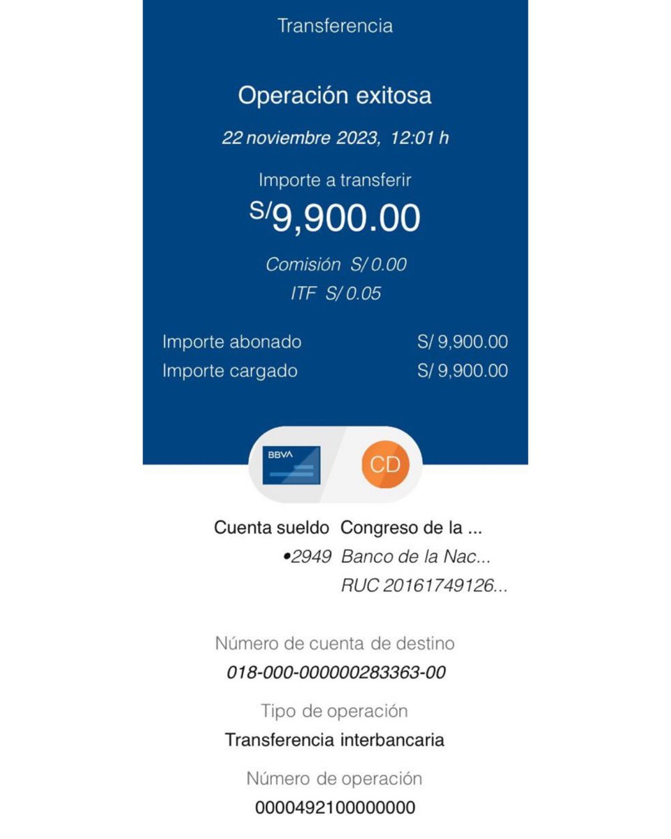 FlorPabloMedina's tweet photo. He cumplido con realizar la devolución de los S/9.900, correspondientes al bono extraordinario. Aquí adjunto el comprobante de la transferencia a la cuenta del Congreso en el Banco de la Nación, para que retorne al tesoro público. 

En un contexto de crisis, desprestigio institucional, y grandes necesidades por resolver, debemos tener gestos concretos para demostrar que el Congreso y los congresistas estamos para servir a los peruanos, sin privilegios y sin distinciones. Urge una forma distinta de hacer política.